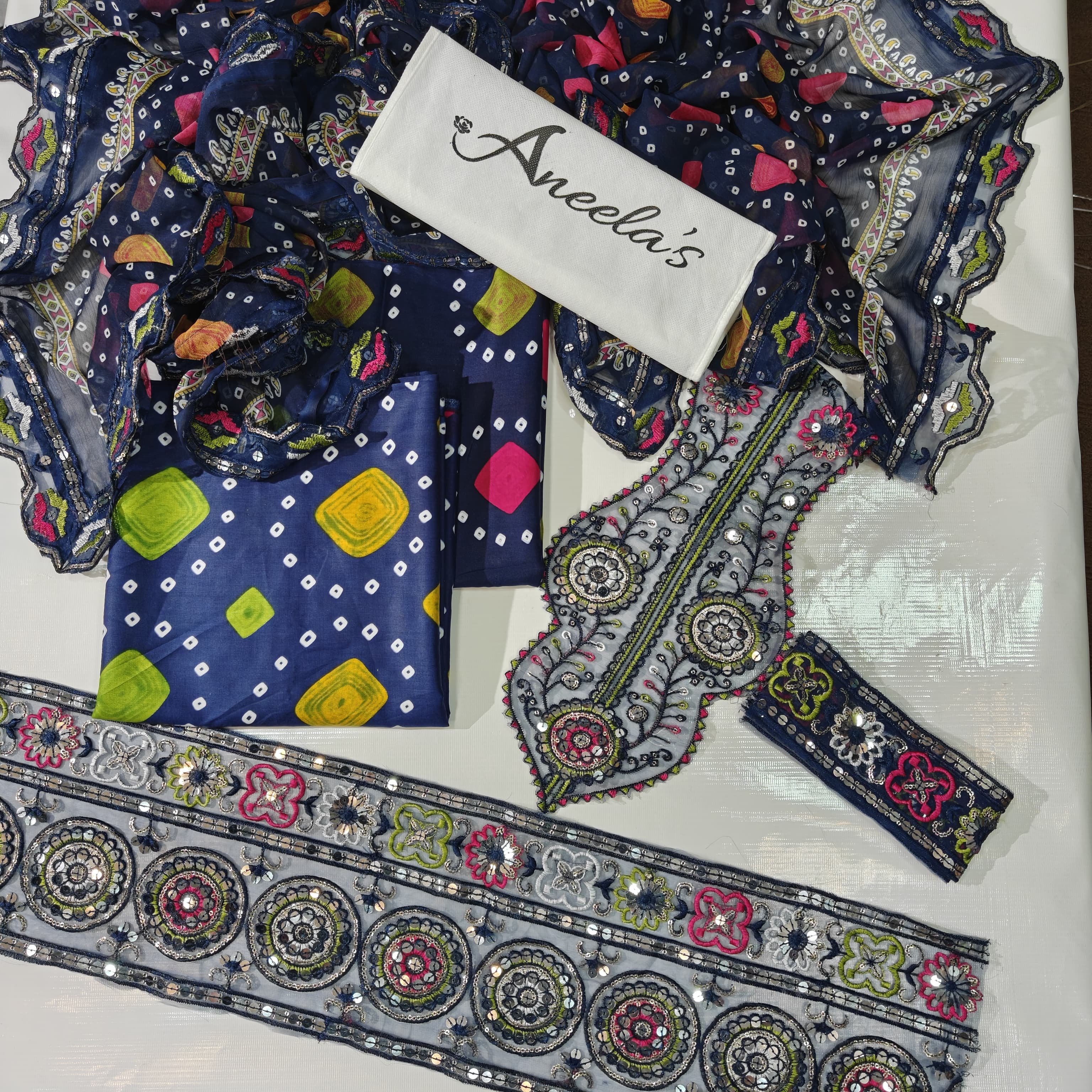 Aneela's Printed Embroidered Lawn 3PC Unstitched Memon Clothes